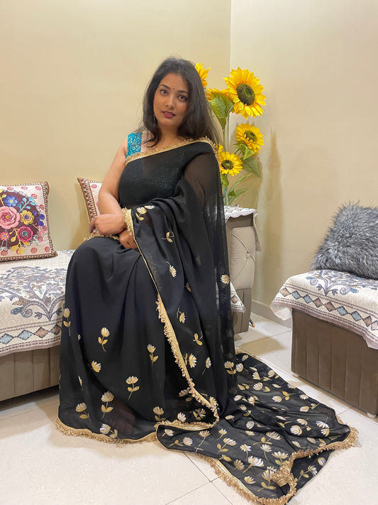 Black georgette handpainted saree
